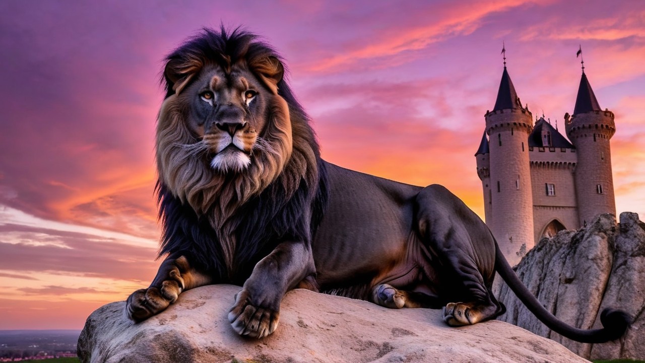 Lion on Rocky Outcrop with Castle at Sunset