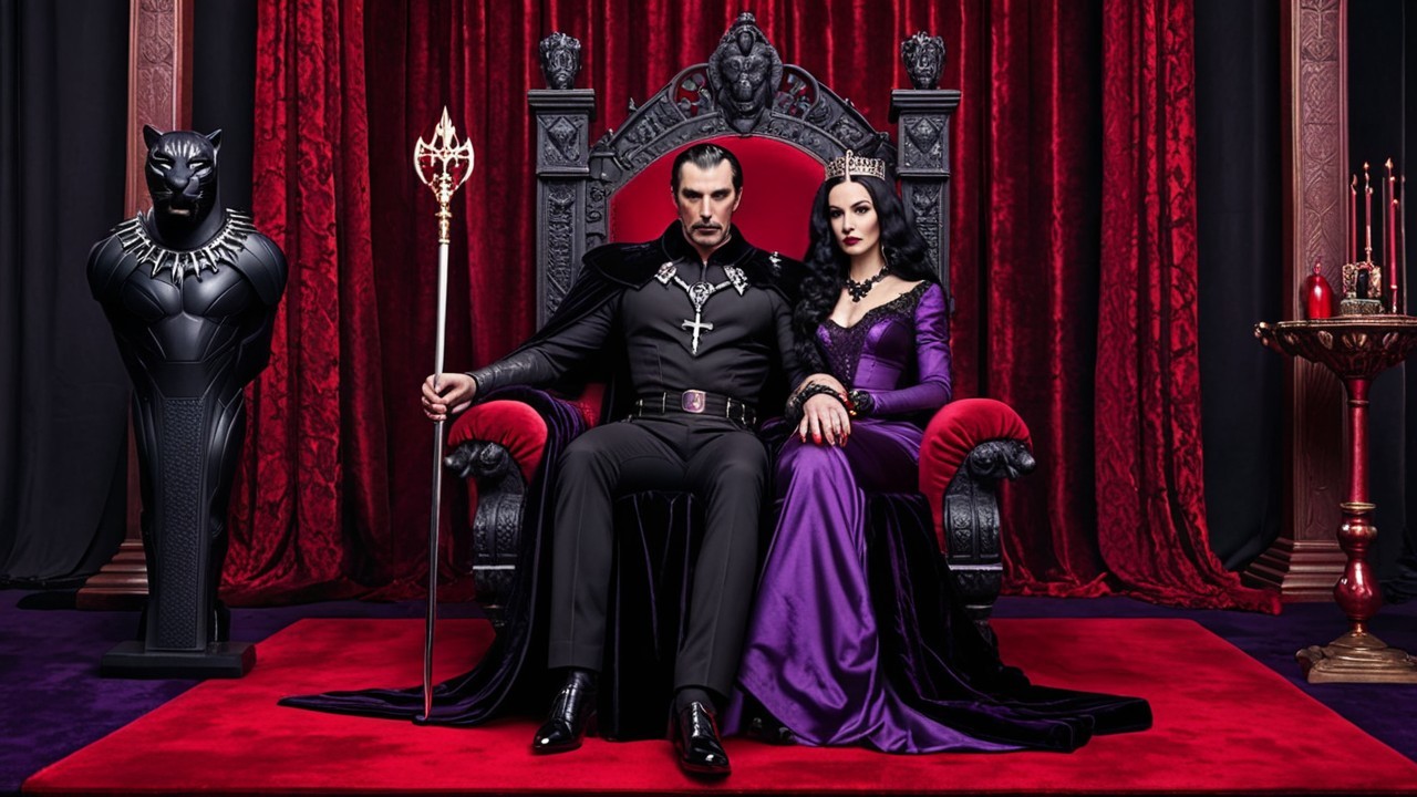Regal Couple on Ornate Throne in Gothic Setting