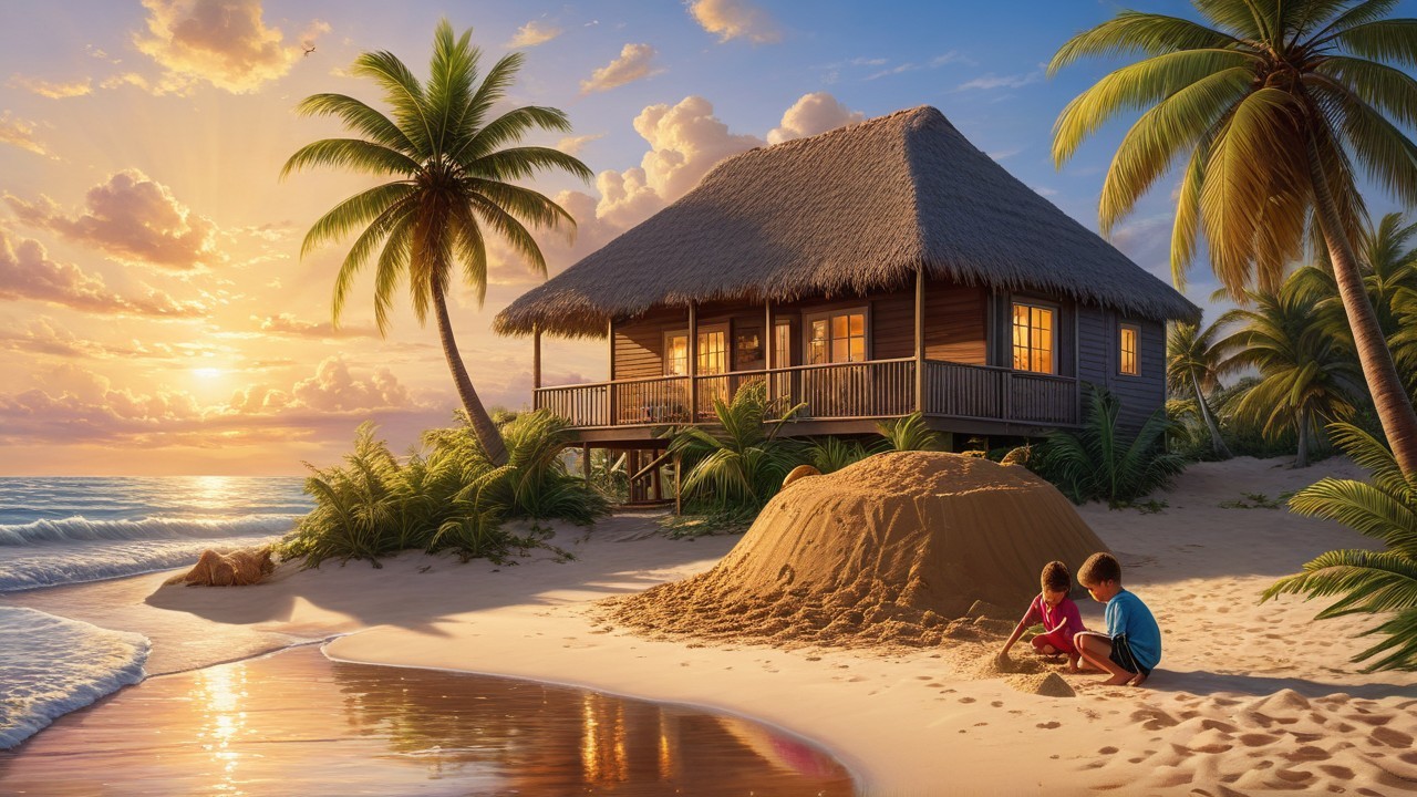 Beachfront Cottage at Sunset with Children Playing