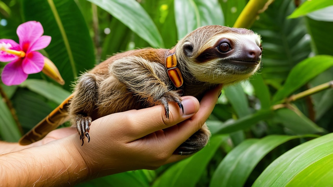 Sloth in Tropical Habitat with Lush Greenery and Flowers