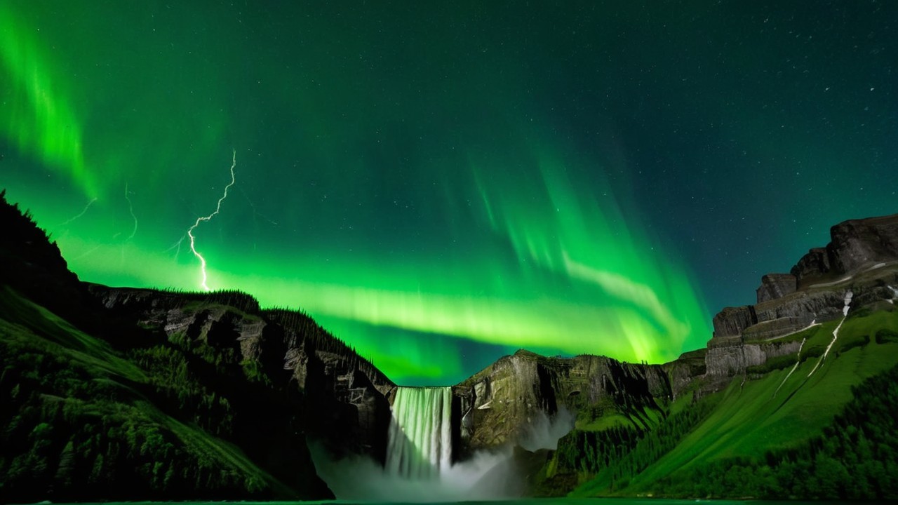 Majestic Waterfall Under Aurora Borealis Glow