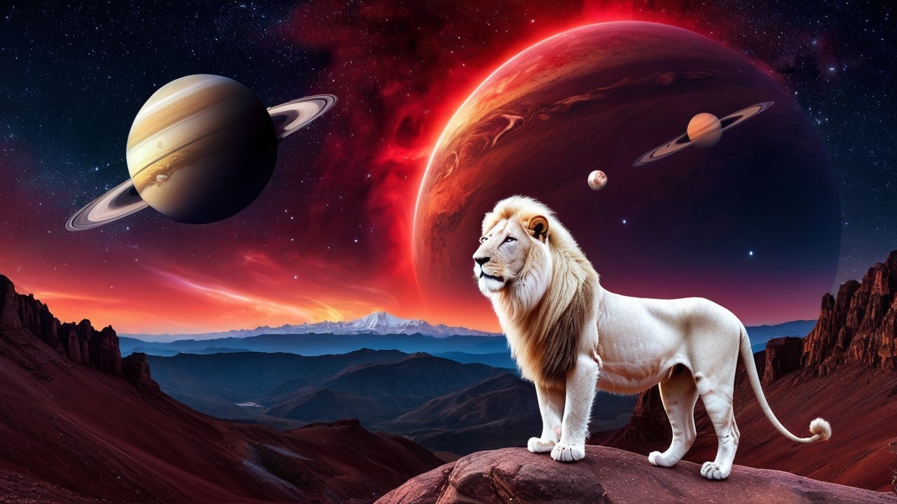 Lion on Rocky Outcrop in Cosmic Landscape