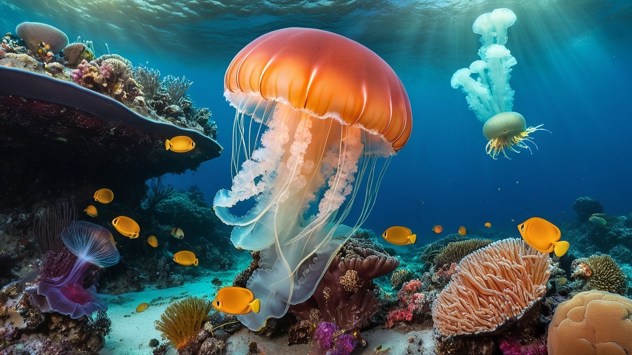 Vibrant Underwater Scene with Luminous Jellyfish