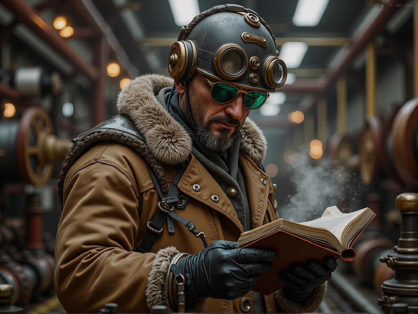 Steampunk Man in Industrial Setting with Open Book