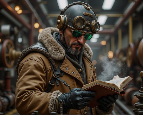 Steampunk Man in Industrial Setting with Open Book