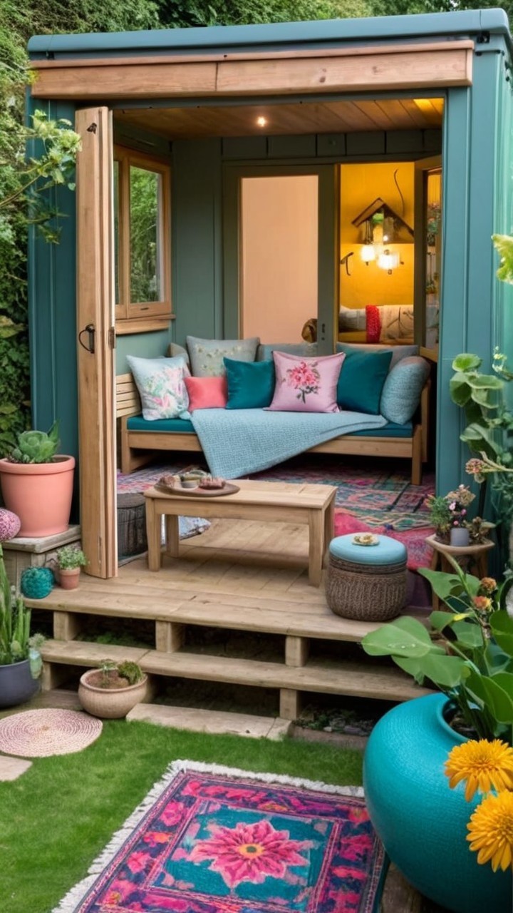 Cozy garden retreat with a wooden structure and decor