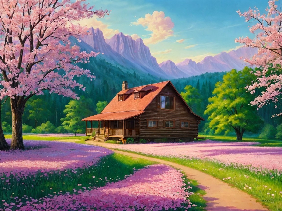 Wooden cabin among cherry blossoms and mountains