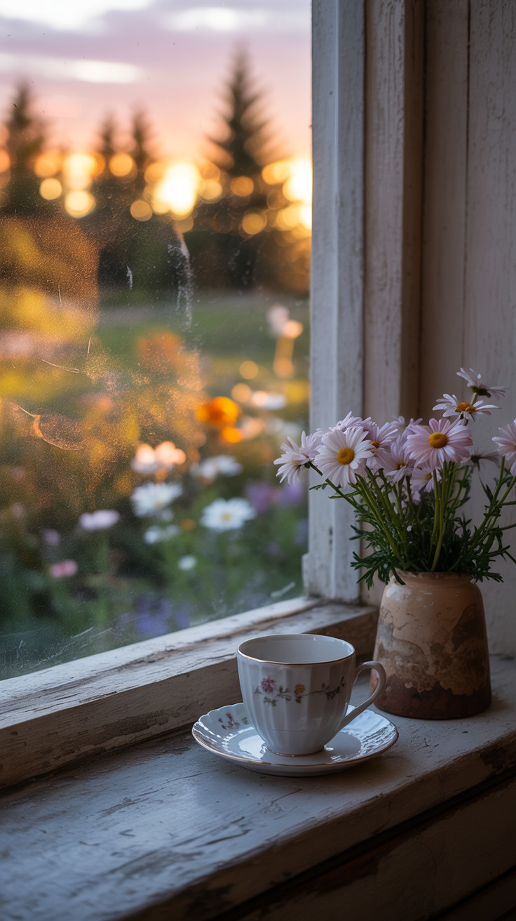 Cozy Window Scene with Teacup and Daisies