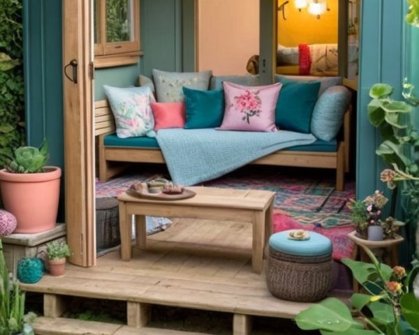 Cozy garden retreat with a wooden structure and decor