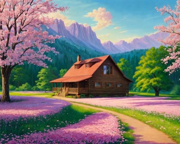Wooden cabin among cherry blossoms and mountains
