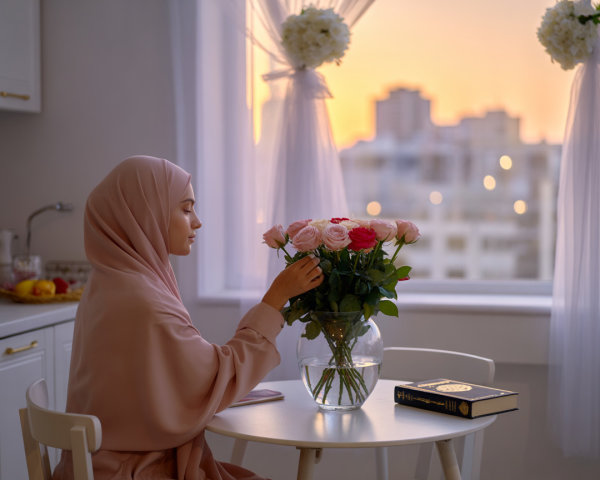 Young Woman Arranging Roses with Sunset Backdrop