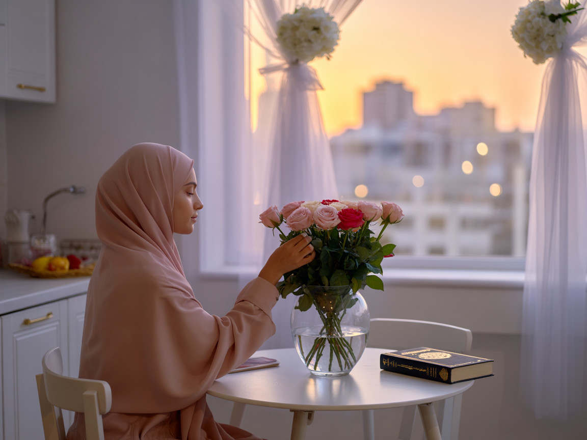 Young Woman Arranging Roses with Sunset Backdrop