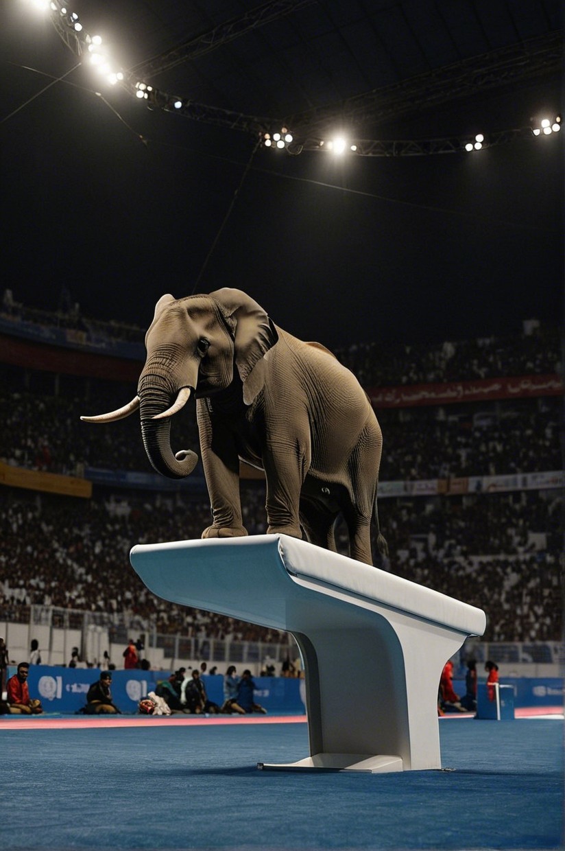 Life-sized elephant on a balance beam in an arena