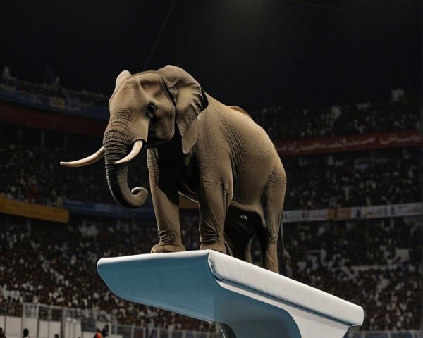 Life-sized elephant on a balance beam in an arena