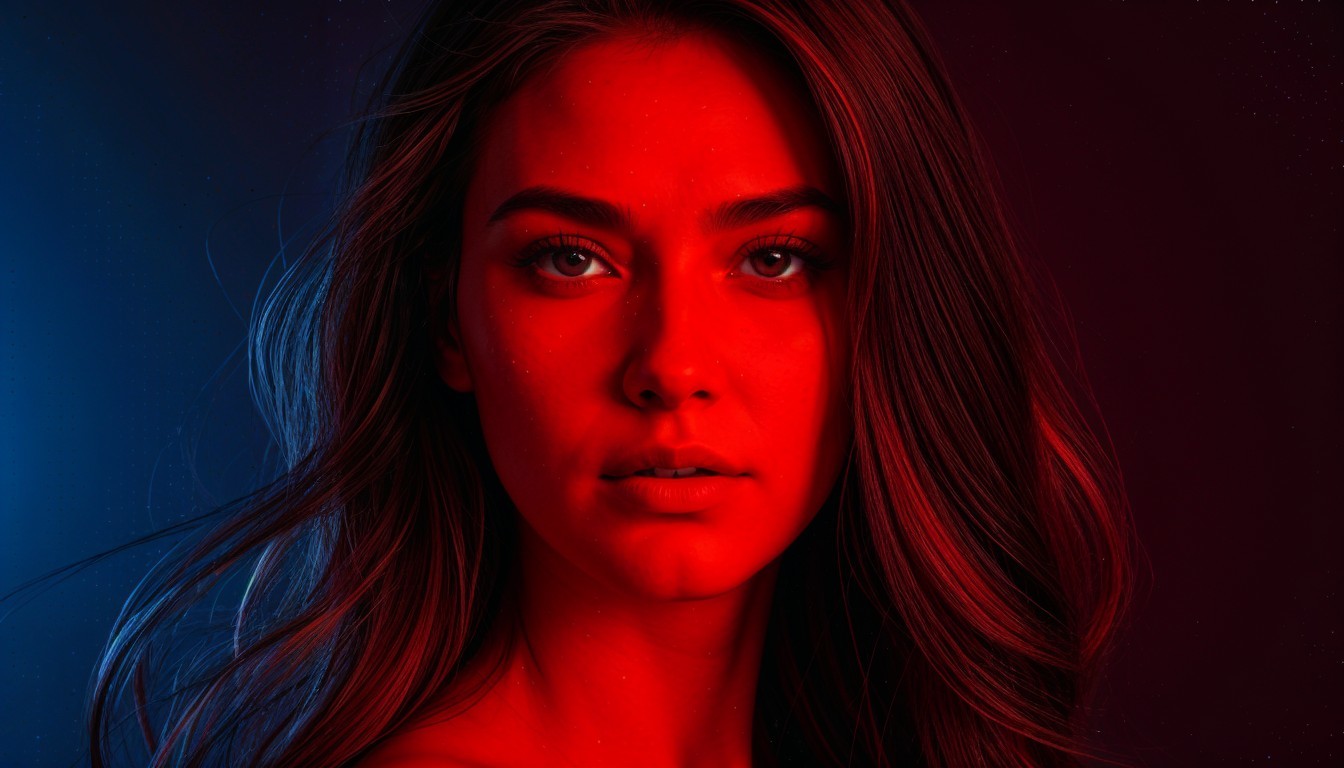 Close-Up Portrait of a Confident Woman in Colorful Light