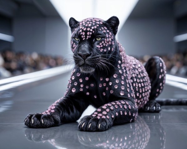 Black Panther on Runway with Pink Gems and Audience