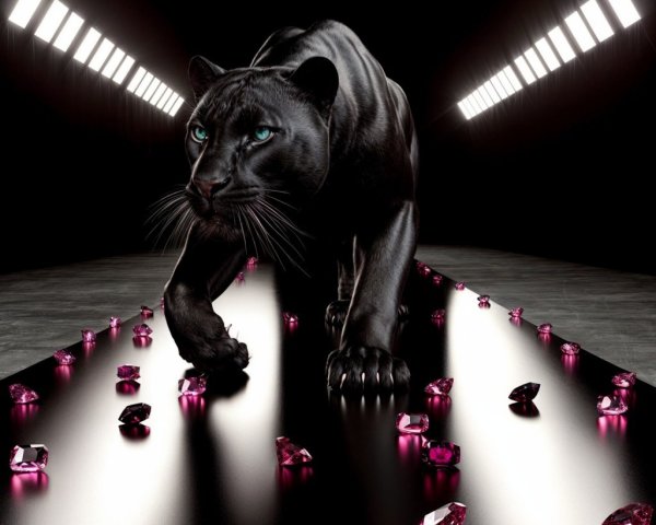 Black Panther on Glossy Floor with Pink Gemstones