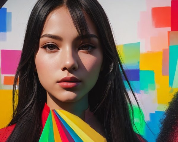 Young woman in red outfit poses by abstract mural
