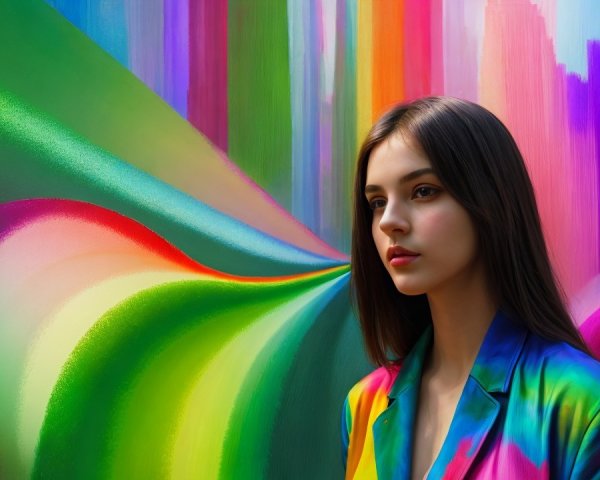 Young woman poses before vibrant abstract mural