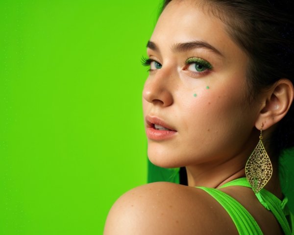Young woman in sleek bun with green-themed outfit