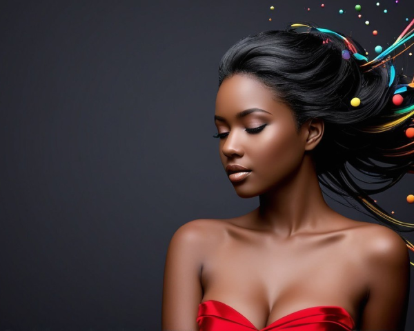 Elegant Woman in Red Dress with Artistic Hair Effects