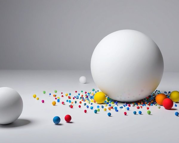 Large White Sphere Surrounded by Colorful Balls