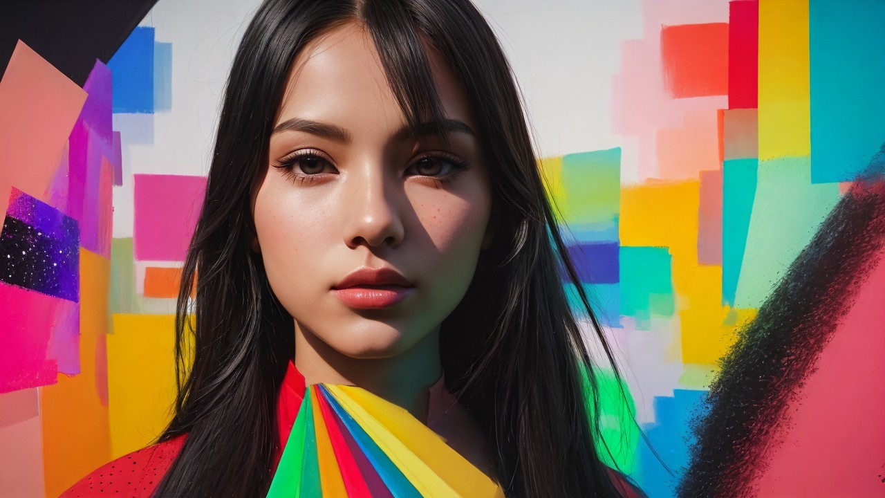 Young woman in red outfit poses by abstract mural