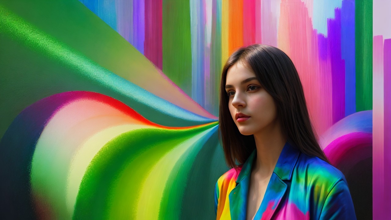 Young woman poses before vibrant abstract mural