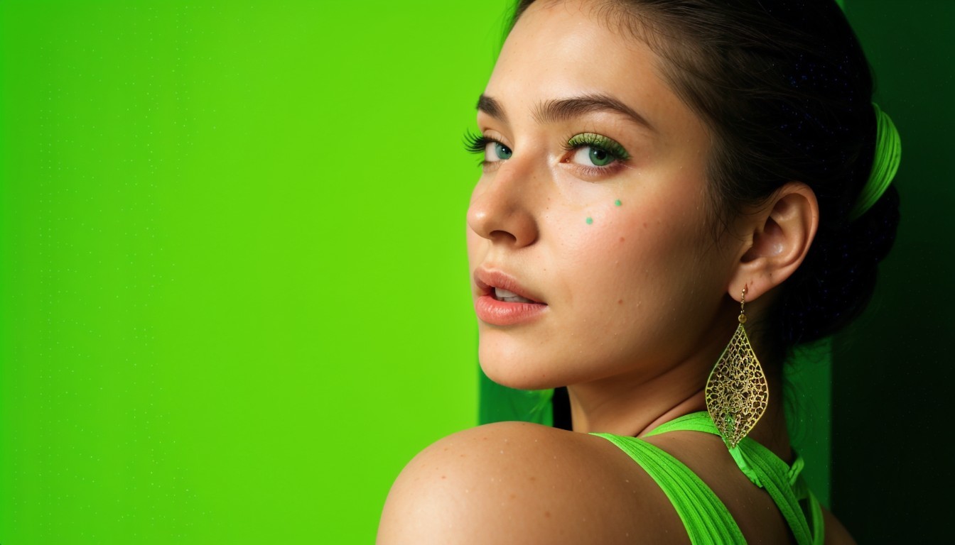 Young woman in sleek bun with green-themed outfit