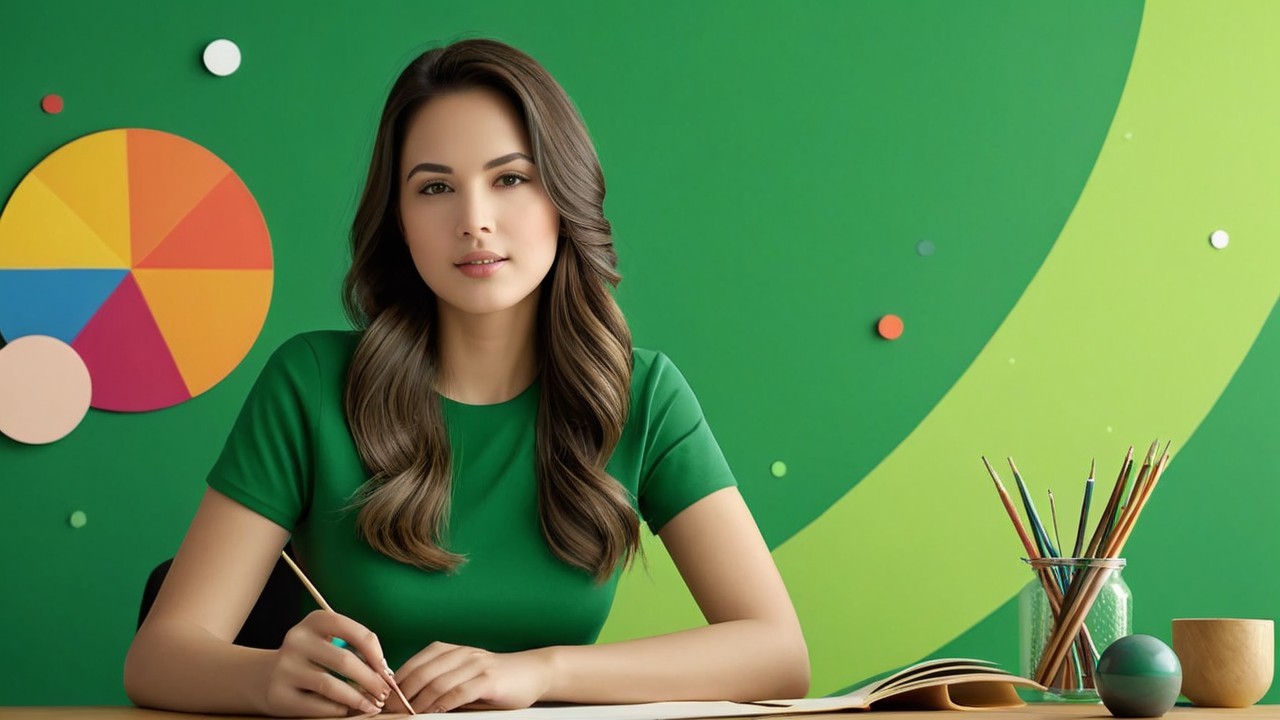 Young woman in green shirt at creative workspace