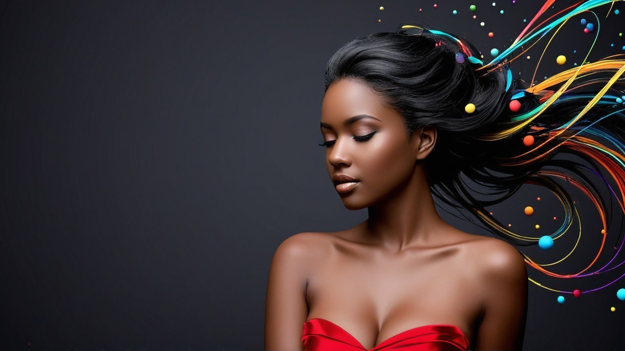 Elegant Woman in Red Dress with Artistic Hair Effects