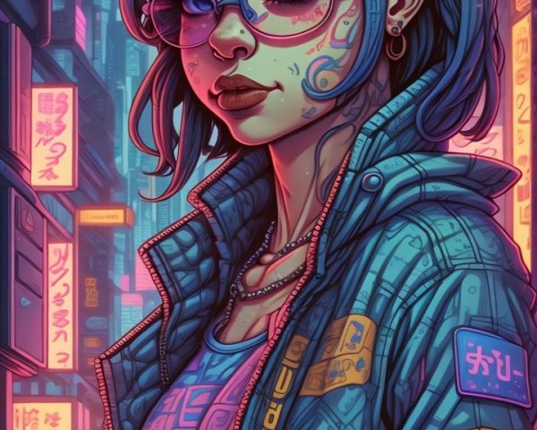 Stylish Young Woman in Futuristic Cyberpunk Cityscape