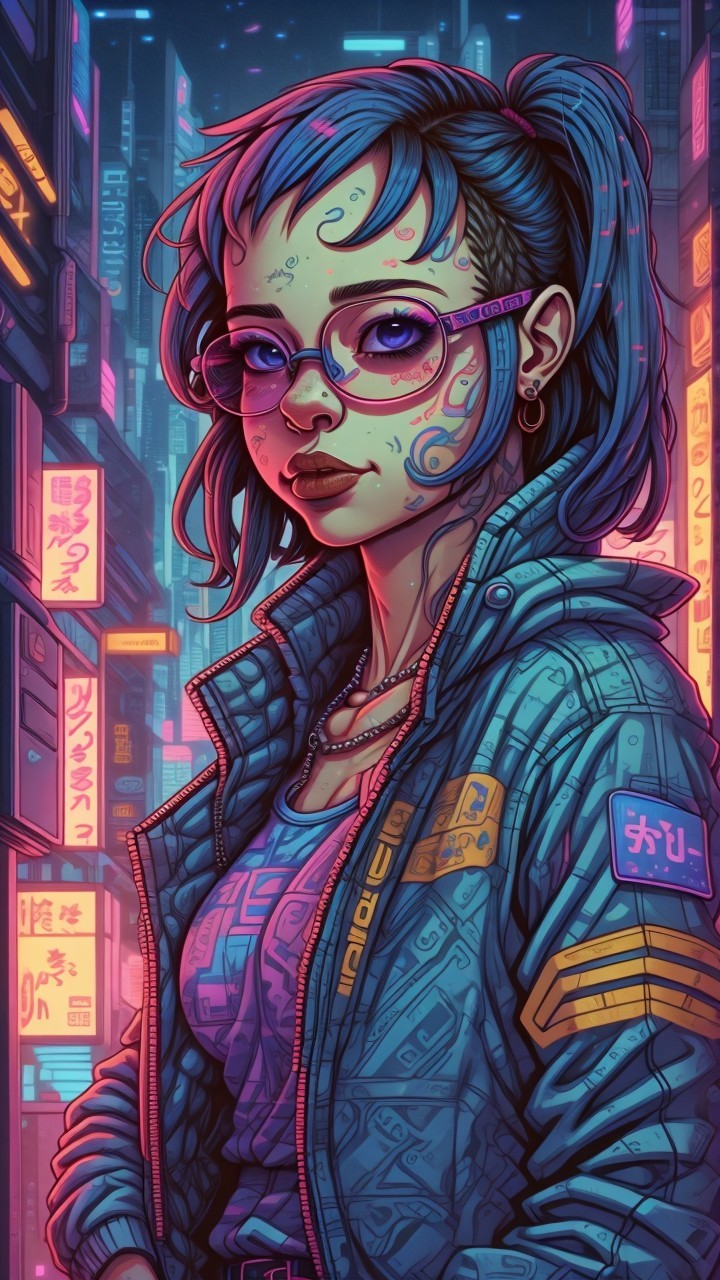 Stylish Young Woman in Futuristic Cyberpunk Cityscape