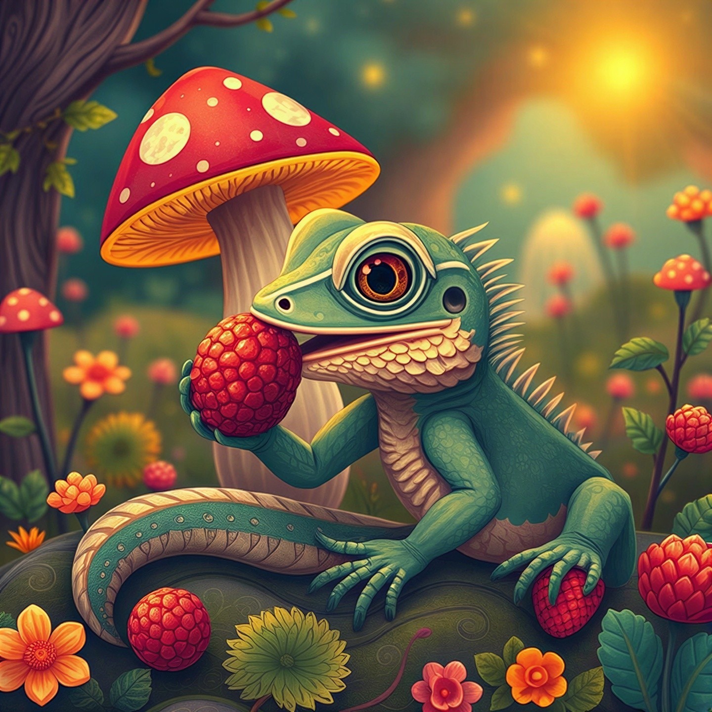 Whimsical Lizard in Enchanted Forest with Raspberry