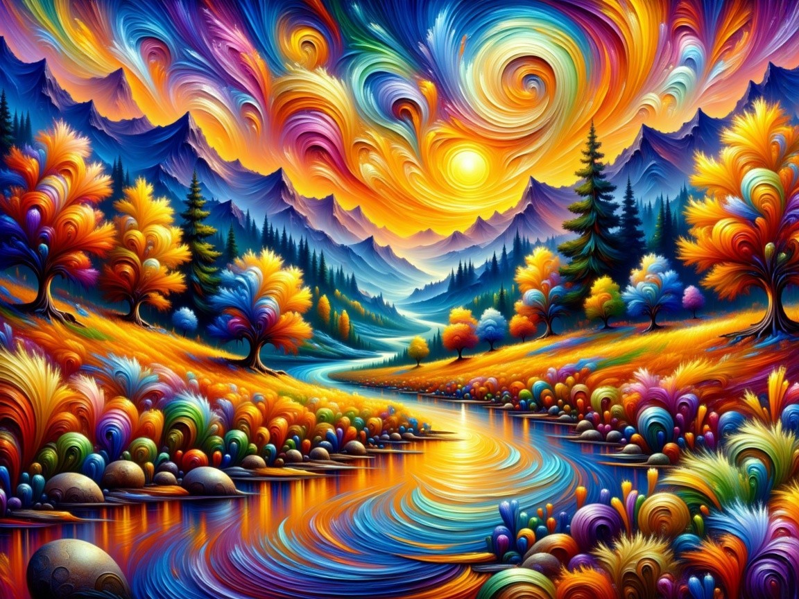 Vibrant Sunset Landscape with Twisted Trees and Mountains