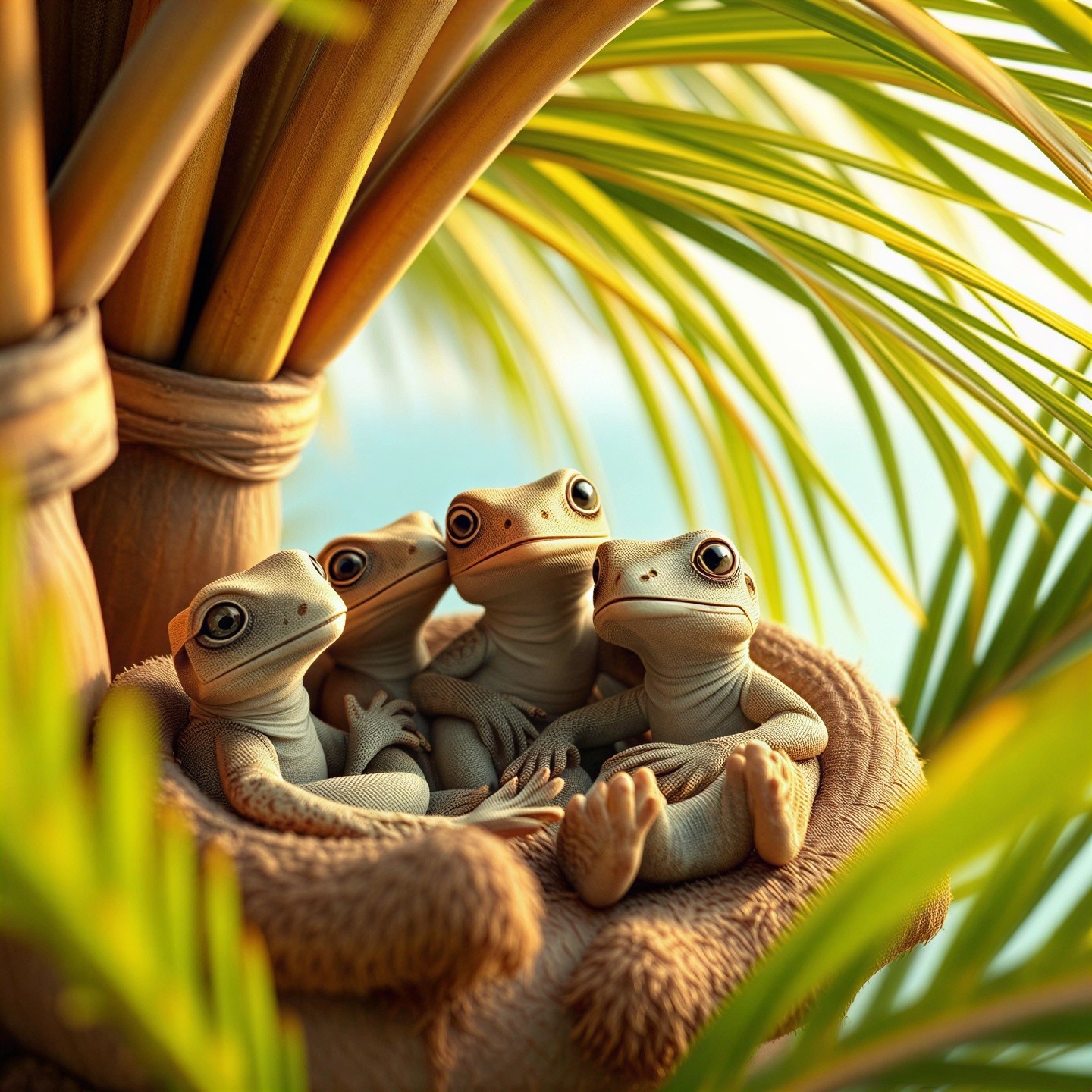 Cartoon Frogs in a Cozy Nest Among Tropical Foliage