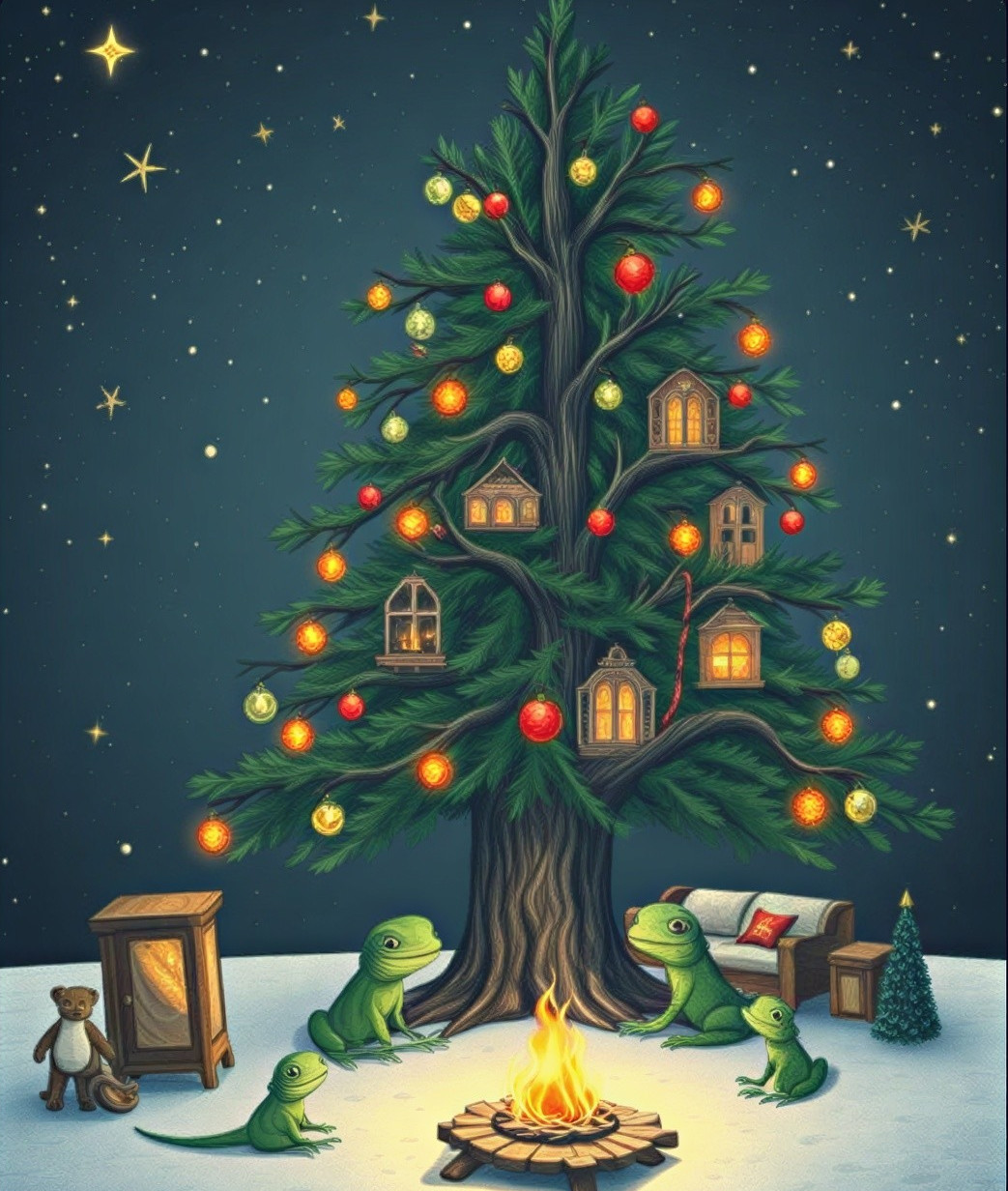 Whimsical Christmas Scene with Tree and Lizards