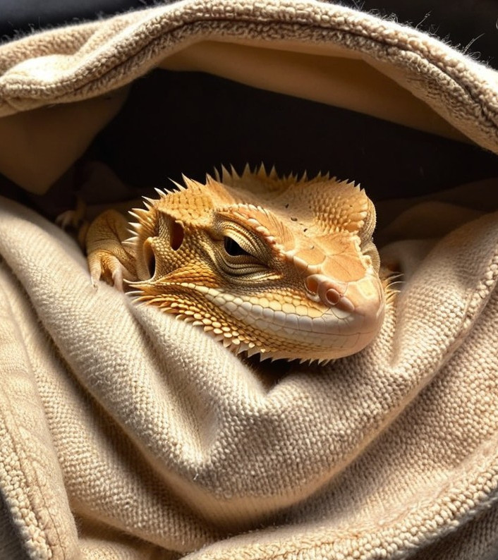Bearded Dragon Relaxing in Soft Beige Fabric