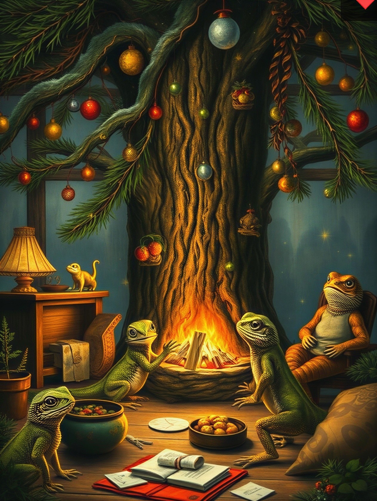 Lizards by a Fire in a Whimsical Tree Setting