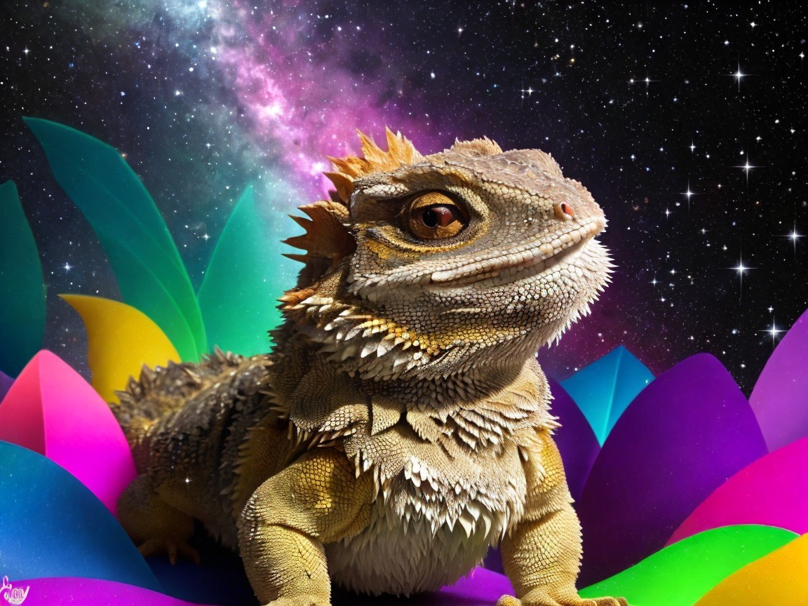 Bearded Dragon Against Cosmic Galaxy Background