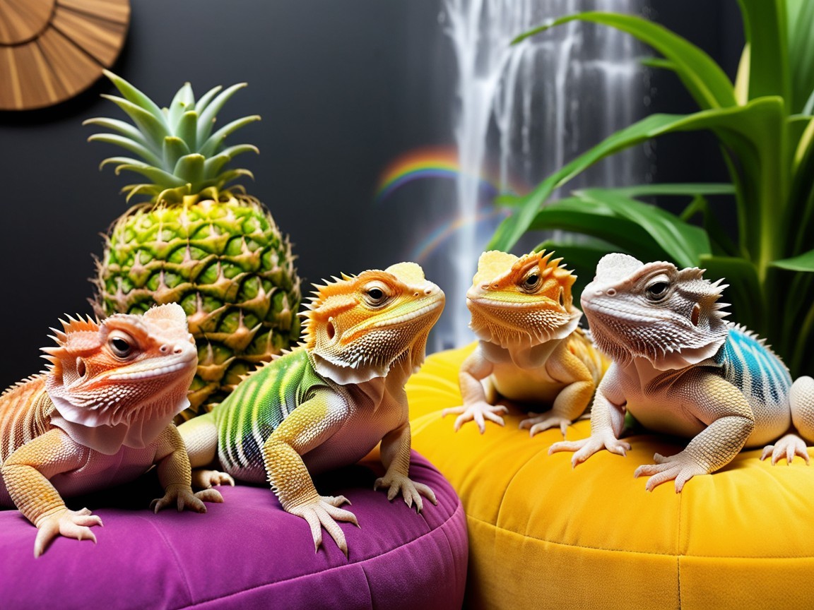 Colorful Lizards on Cushions with Tropical Backdrop