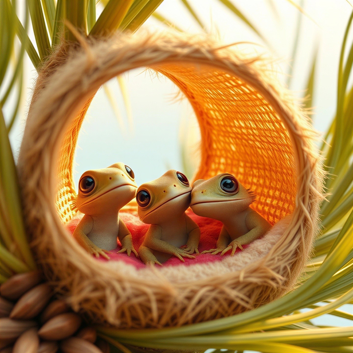 Three Frogs in a Woven Basket Surrounded by Leaves
