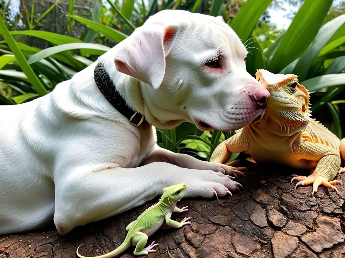 White Dog and Bearded Dragon Interact in Nature