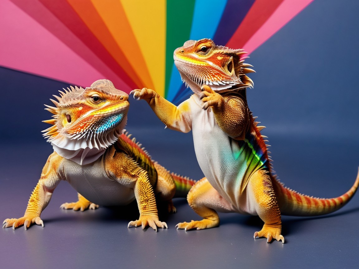 Vibrant Bearded Dragons Against Rainbow Background