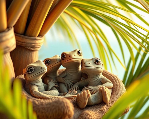 Cartoon Frogs in a Cozy Nest Among Tropical Foliage