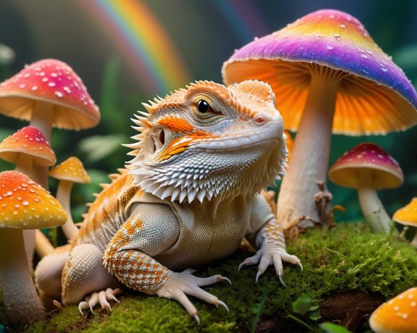 Bearded Dragon Among Colorful Mushrooms and Rainbow