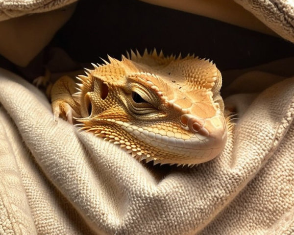 Bearded Dragon Relaxing in Soft Beige Fabric
