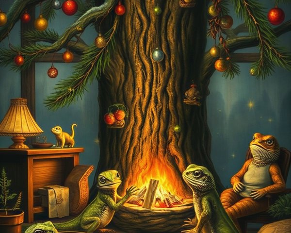 Lizards by a Fire in a Whimsical Tree Setting