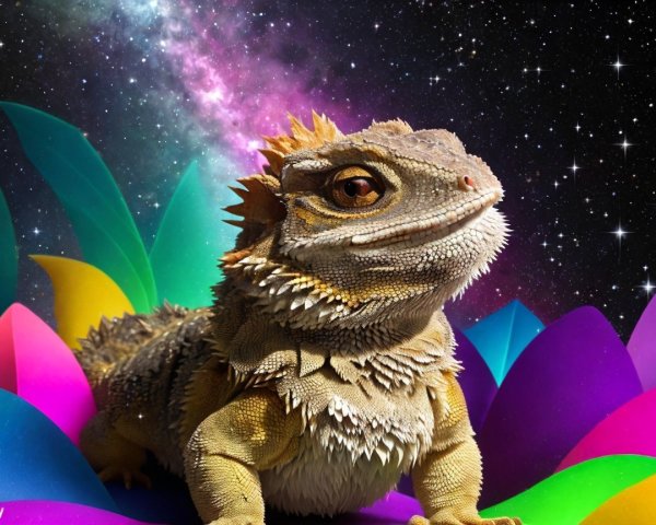 Bearded Dragon Against Cosmic Galaxy Background