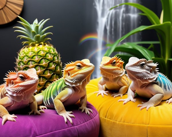 Colorful Lizards on Cushions with Tropical Backdrop